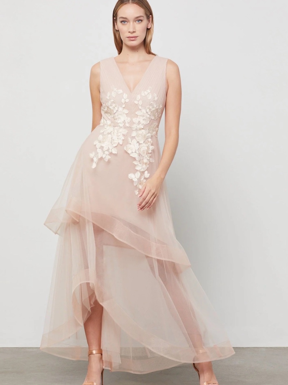 Bcbg Sleeveless V-Neck Blush Floral Appliqué Midi Dress
